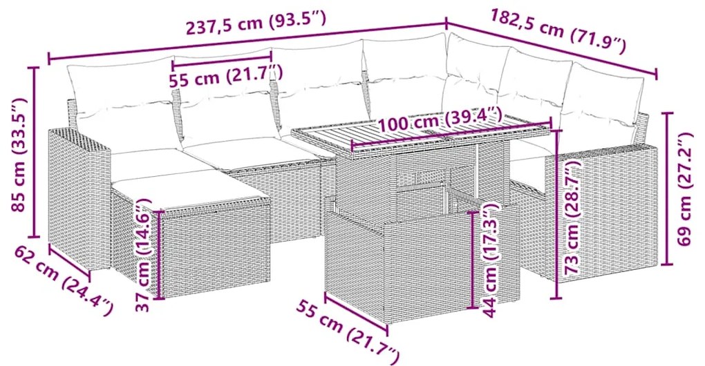 8 pcs conjunto de sofás p/ jardim com almofadões vime PE bege