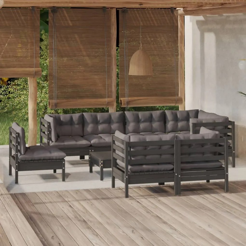 vidaXL 9 pcs conjunto lounge jardim c/ almofadões pinho maciço preto