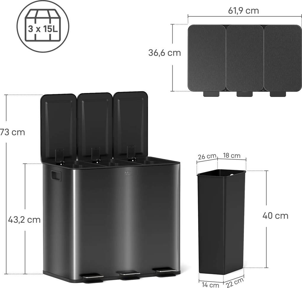 Caixote do lixo de cozinha de 45 L com 3 compartimentos de 15 L, tampa, baldes interiores removíveis, 3 x 15 L, preto