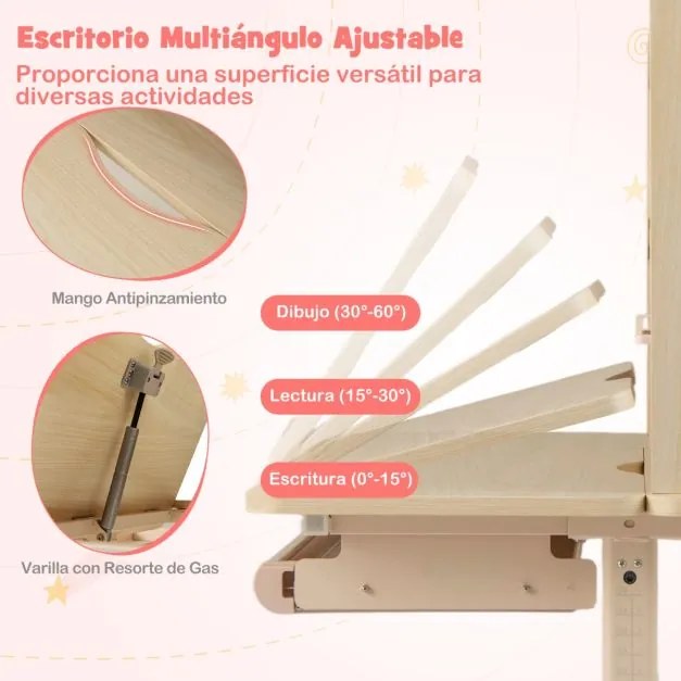 Secretária infantil 100 x 60 x 111-135 cm com estante e gaveta em altura com superfície inclinável Prateleiras Atril e porta-lápis Rosa