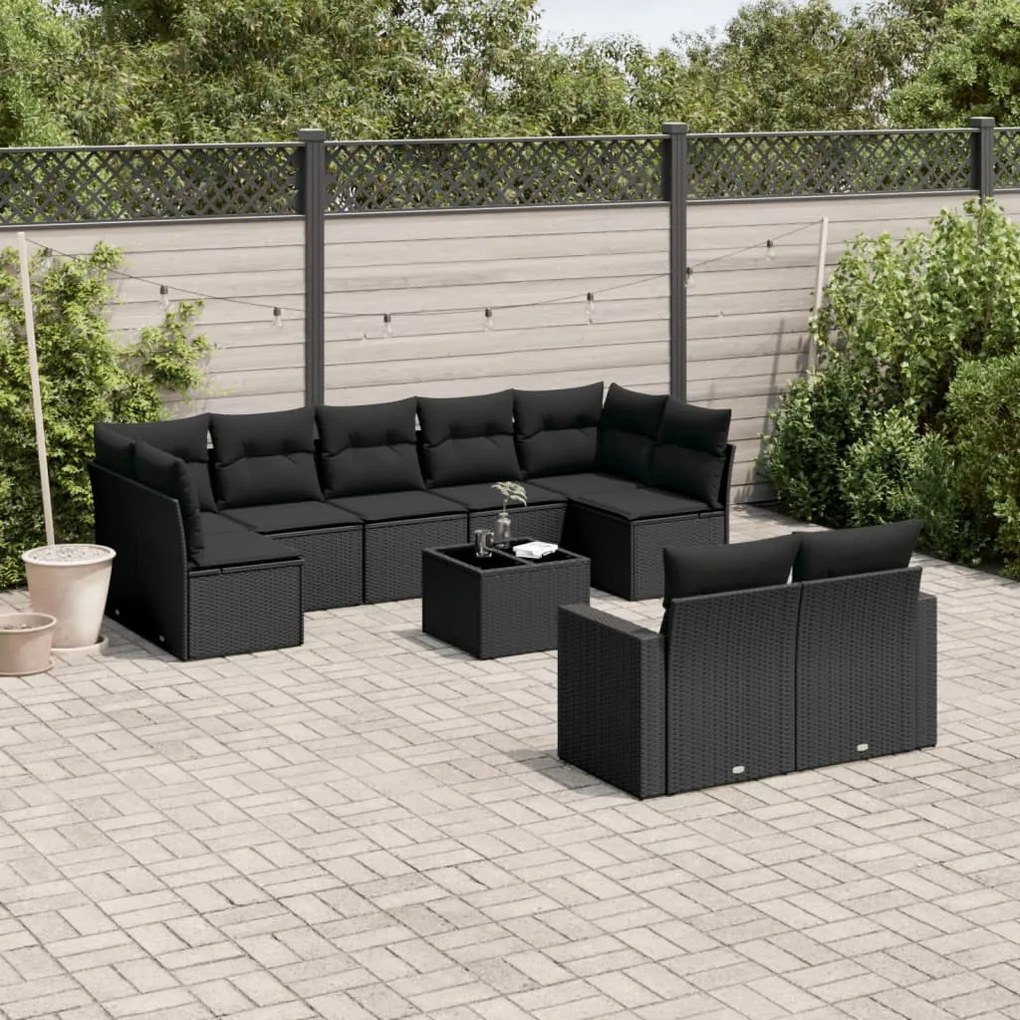 10 pcs conjunto sofás de jardim c/ almofadões vime PE preto