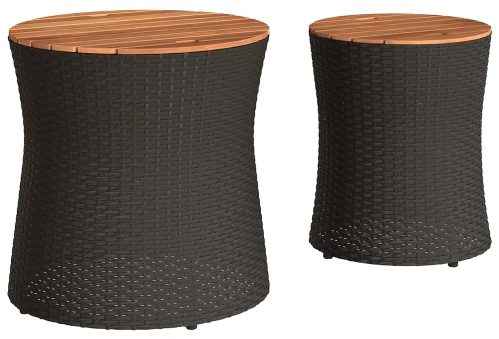 Mesas de apoio p/ jardim c/ tampo de madeira 2pcs vime PE preto