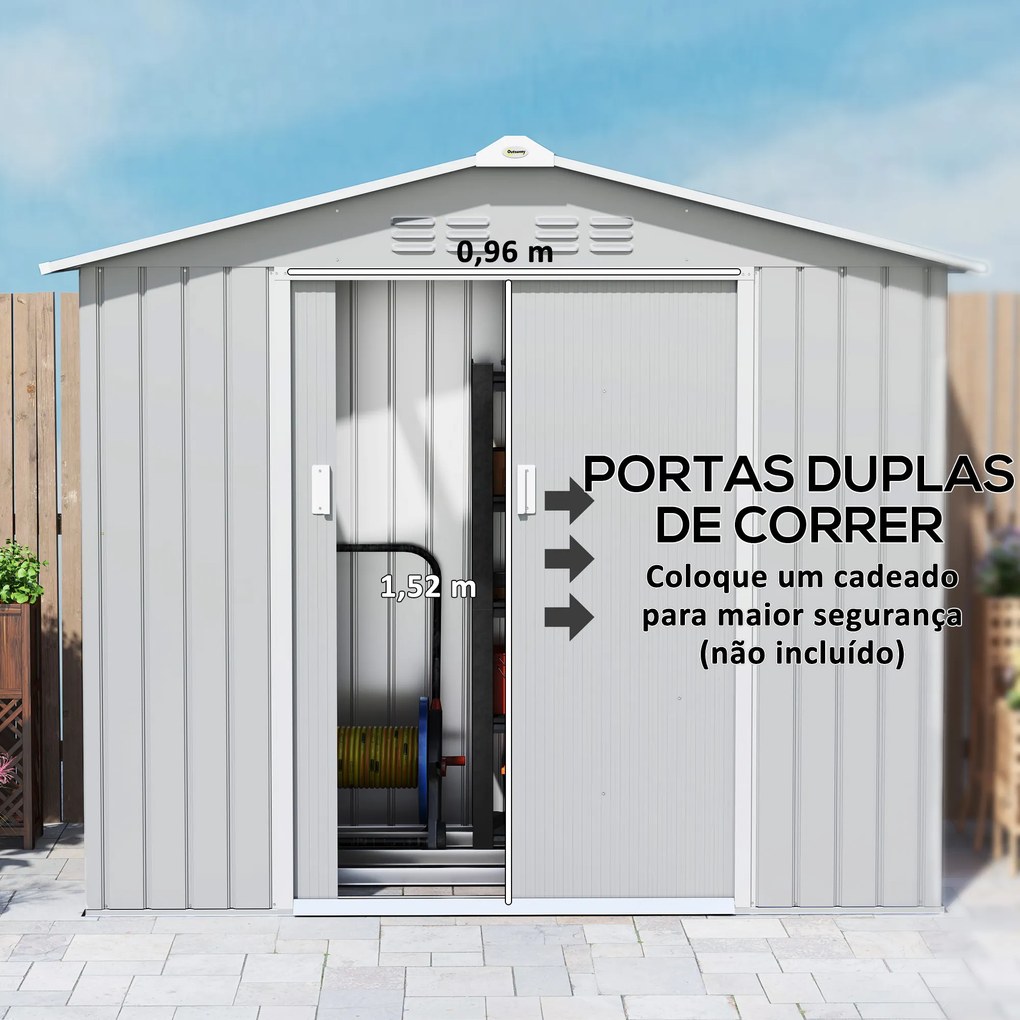 Abrigo de Jardim 2,42 m 213x130x185 cm Abrigo de Jardim Metálico para Armazenamento com 2 Portas Deslizantes e 4 Janelas Cinza Claro