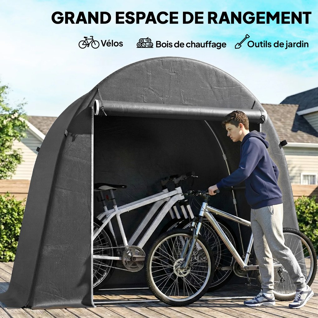 Abrigo de jardim em forma de tenda em Lona 245 x 120 x 200 cm, impermeável, para guardar objetos, com porta enrolável e fecho de correr, cinzento esc