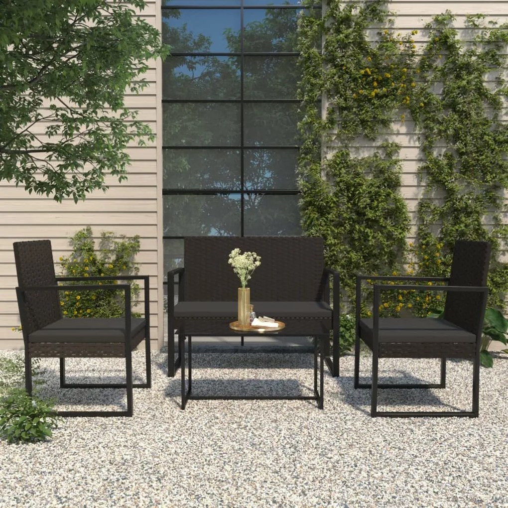 319199 vidaXL 4 pcs conjunto lounge de jardim c/ almofadões vime PE preto