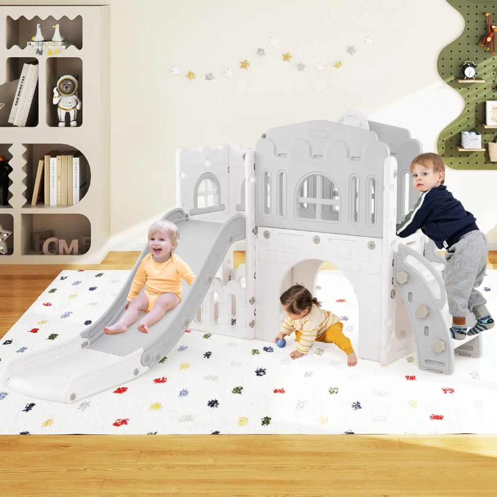 Escorrega infantil 9 em 1 com cesto de basquetebol, telescópio, ponte suspensa e túnel para 1+ anos 176 x 138 x 80 cm cinzento e branco