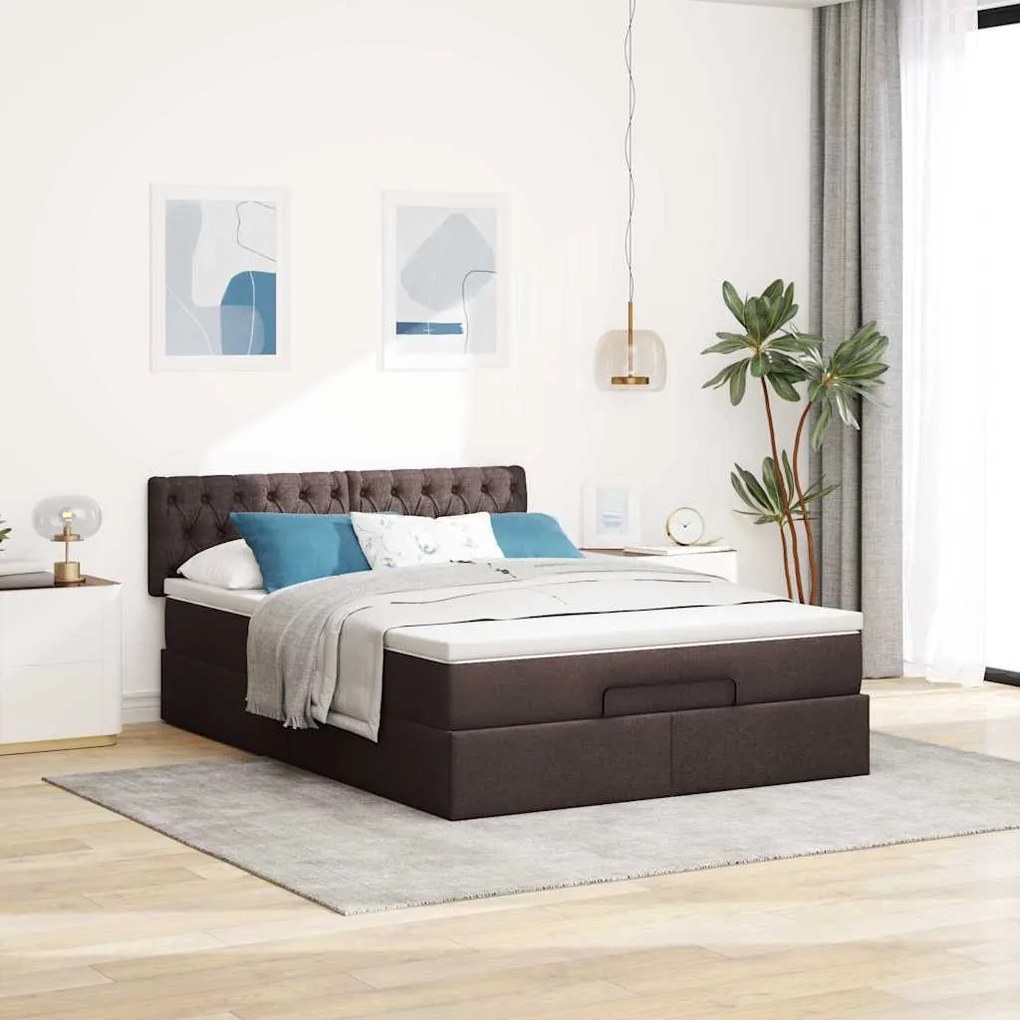 Cama otomana com colchão 140x190 cm tecido castanho escuro
