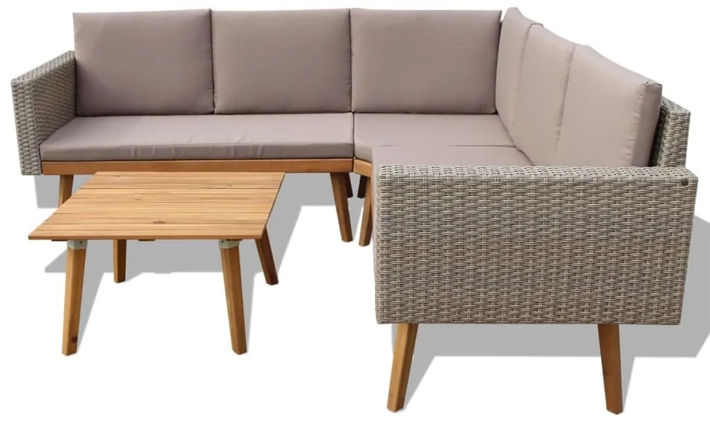 4 pcs conjunto lounge de jardim c/ almofadões vime PE cinzento