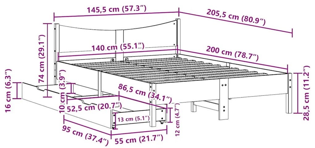 Estrutura de cama c/ gavetas 140x200 cm pinho maciço branco