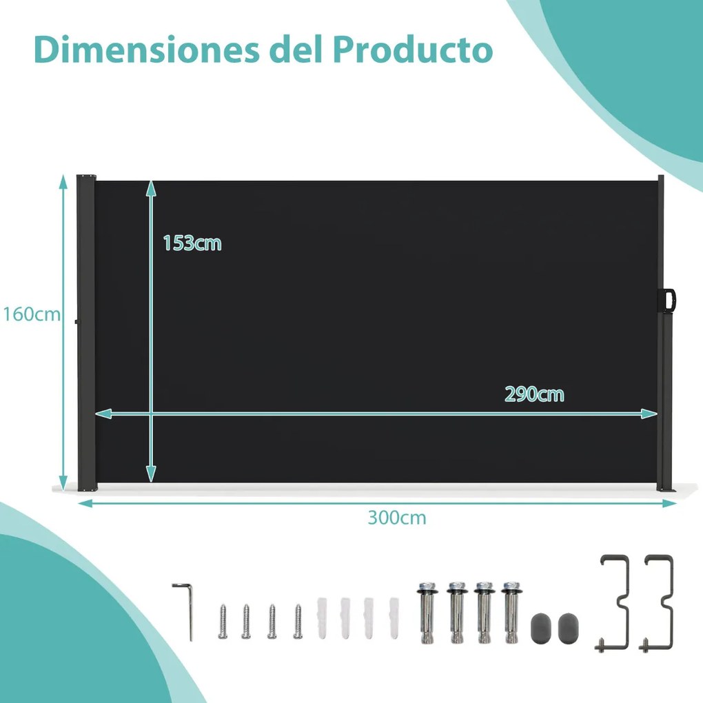 Toldo lateral retrátil para jardim 300 x 160 cm de privacidade para exterior enrolável e dobrável Preto