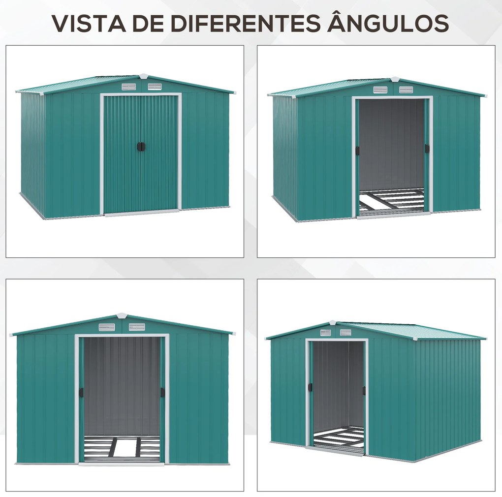 Outsunny Abrigo de Jardim 260x206x179cm 4,7m² Abrigo de Aço Galvanizado com Portas de Correr e Ventilações para Armazenamento de Ferramentas Verde