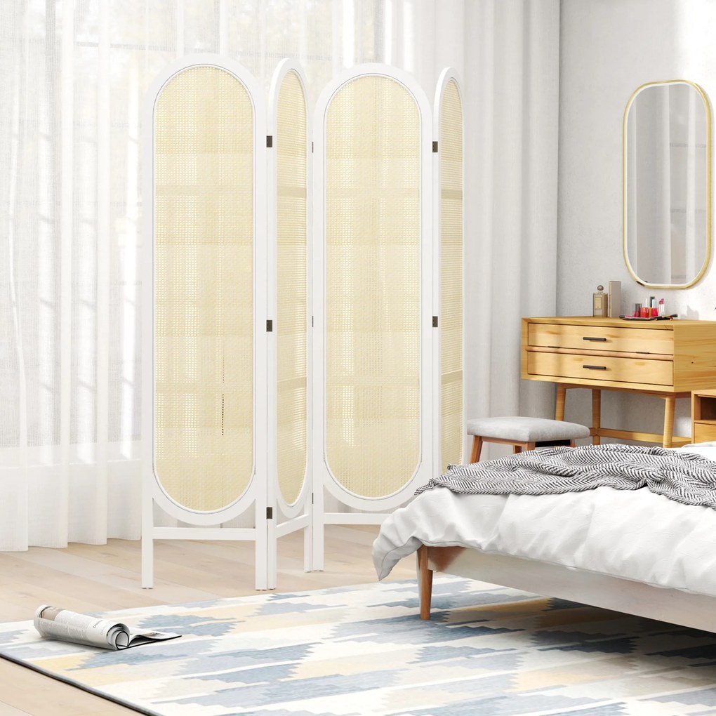 Biombo de interior em madeira com 4 painéis, 170 x 160 cm, dobrável e portátil, com padrão tecido à mão, branco