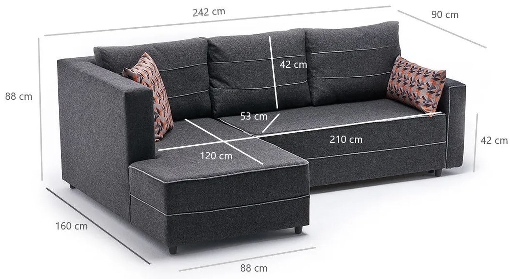 Sofá-Cama de Canto Ece – Antracite – 242 cm x 88 cm x 90 cm