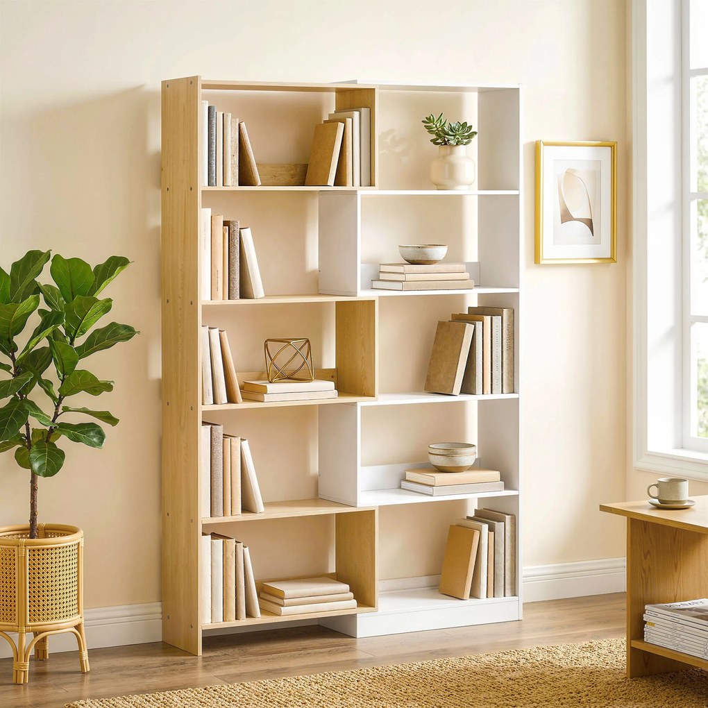 Estante de canto giratória a 350°, com 5 prateleiras, prateleira de arrumação extensível em forma de L, 60-111 x 24 x 164 cm, cor carvalho, branco