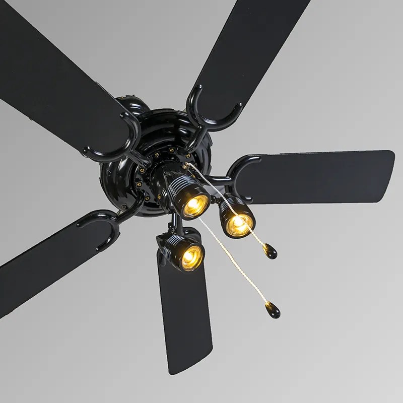 Ventilador de teto preto 110cm 3-luzes com cordão de tração - Mistral Moderno