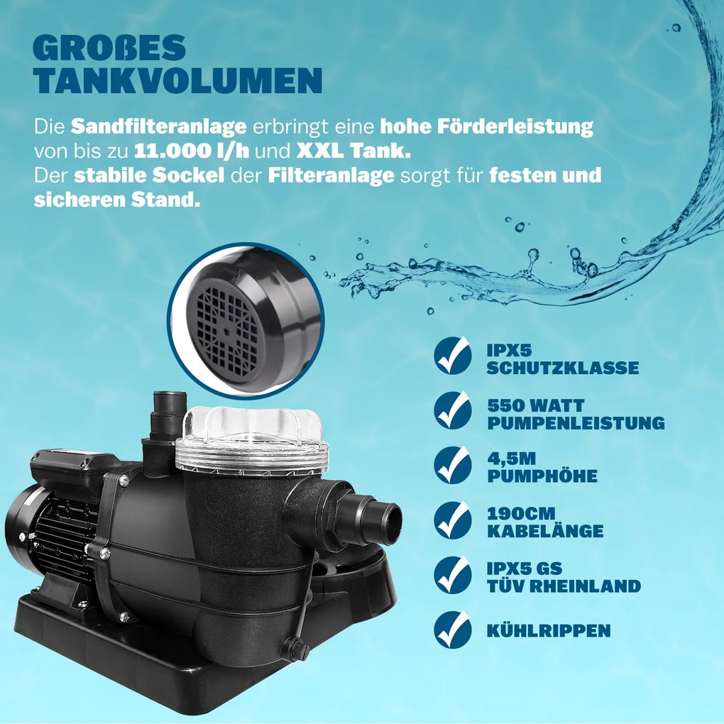 Sistema de filtragem de areia Piscinas 13200 l/h com pré-filtro e depósito XXL azul / preto