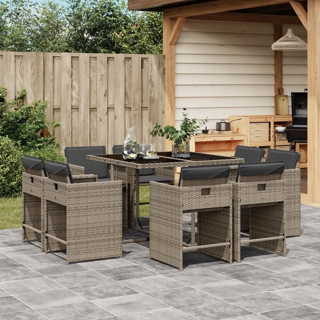 vidaXL 9 pcs conjunto de jantar p/ jardim c/ almofadões vime PE cinza