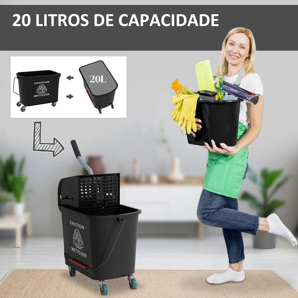 Balde de Limpeza 20L com Rodas e Espremedor Balde para Esfregona com Separador de Água 60x27x70,5 cm Preto