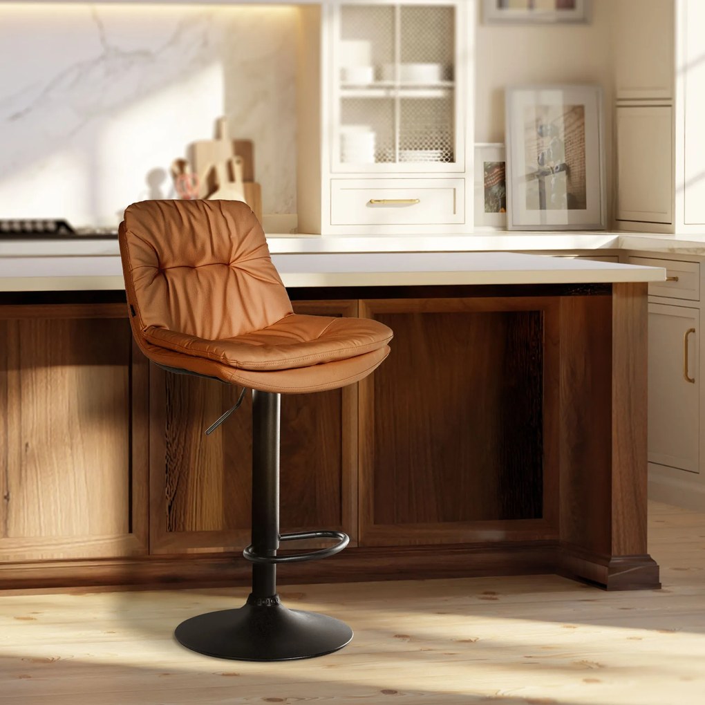 Banco de bar em couro sintético com estrutura preta 92-113 x 46 x 54 cm castanho claro