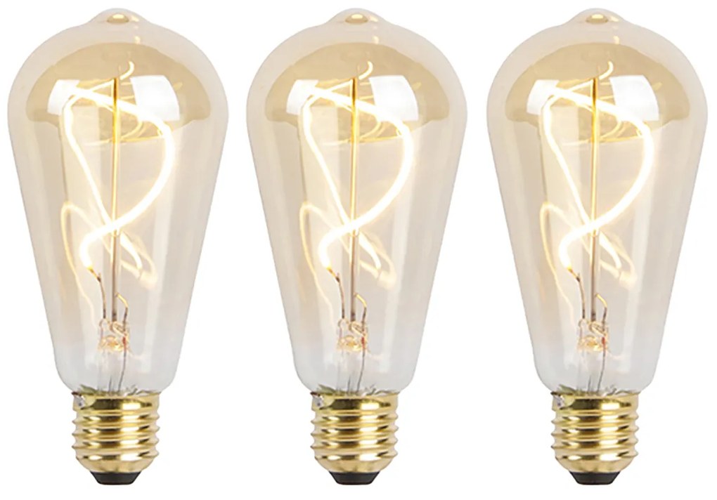 Conjunto de 3 lâmpadas LED E27 reguláveis em espiral ST64 ouro 4W 270lm 2100K