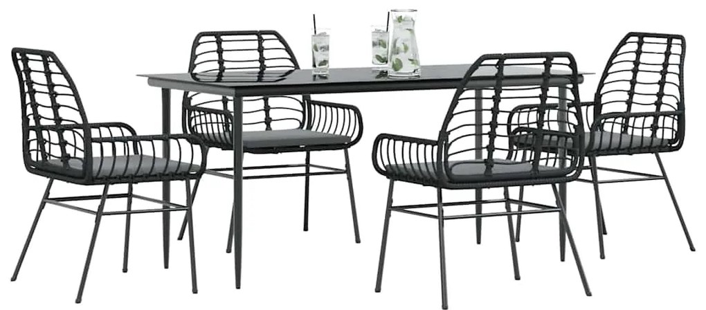 vidaXL Conjunto de jantar jardim 5 peças almofadas vidro vime PE preto
