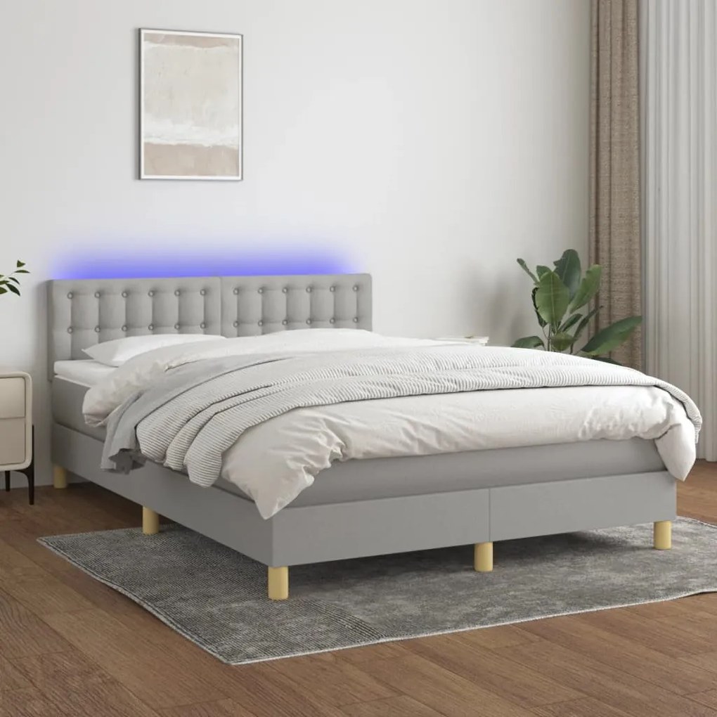 Cama box spring c/ colchão e LED 140x190 cm tecido cinza-claro