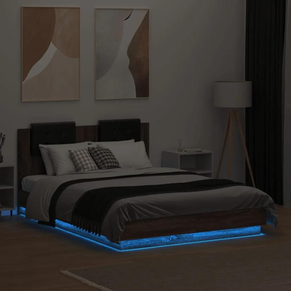 Estrutura cama cabeceira/luzes LED 140x190 cm carvalho castanho