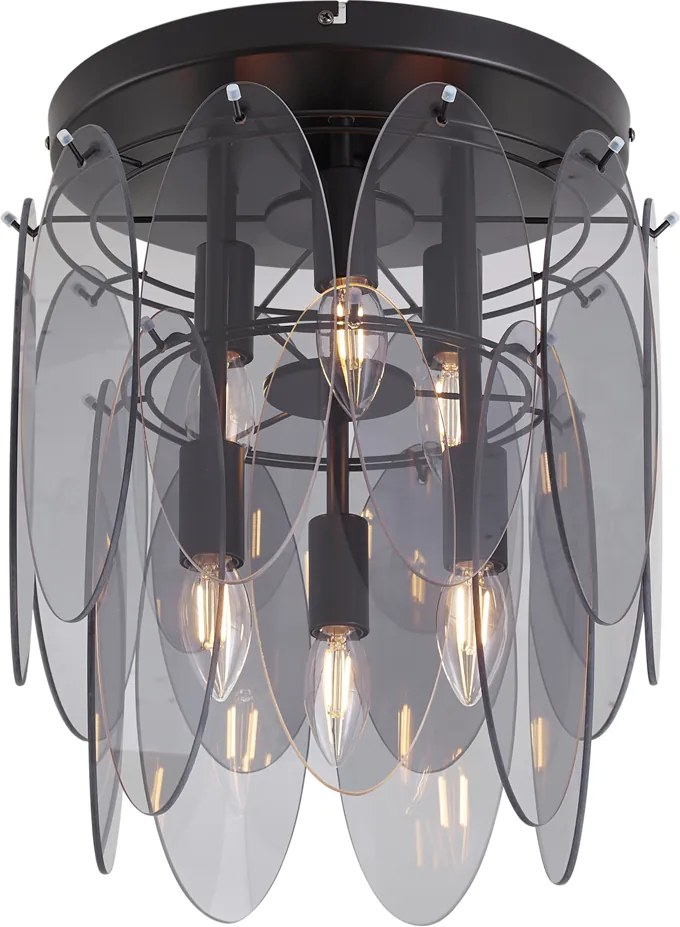 Candeeiro de Teto Art Deco Preto com Vidro Fumê Oval 6 Luzes - Mochan