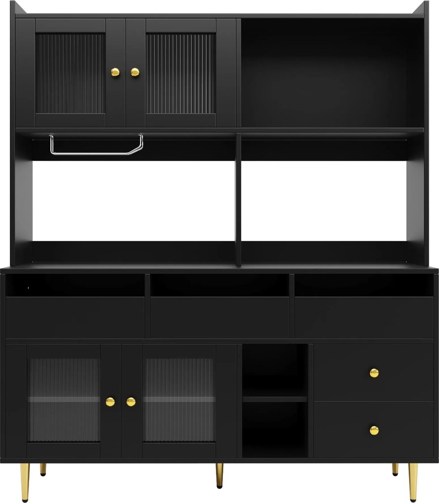 Armário alto para sala de jantar, com portas de vidro perfurado, decoração dourada e amplo espaço de arrumação por níveis, 145x39x171 cm, Preto