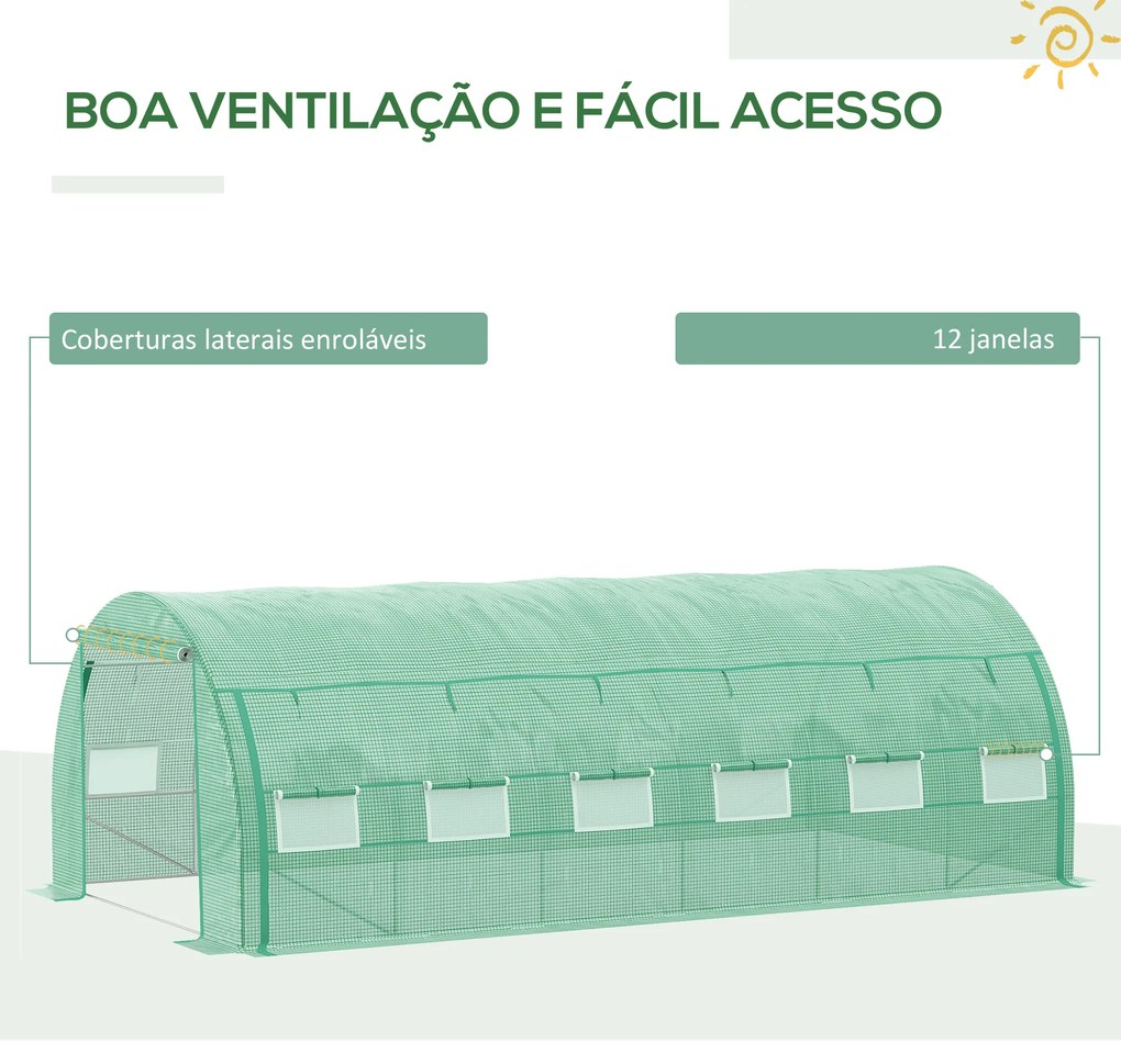 Estufa de Túnel de Jardim 597x300x200 cm com Porta Lateriais e Janelas Enroláveis Cobertura de PE 140g/m² e Metal Galvanizado Verde