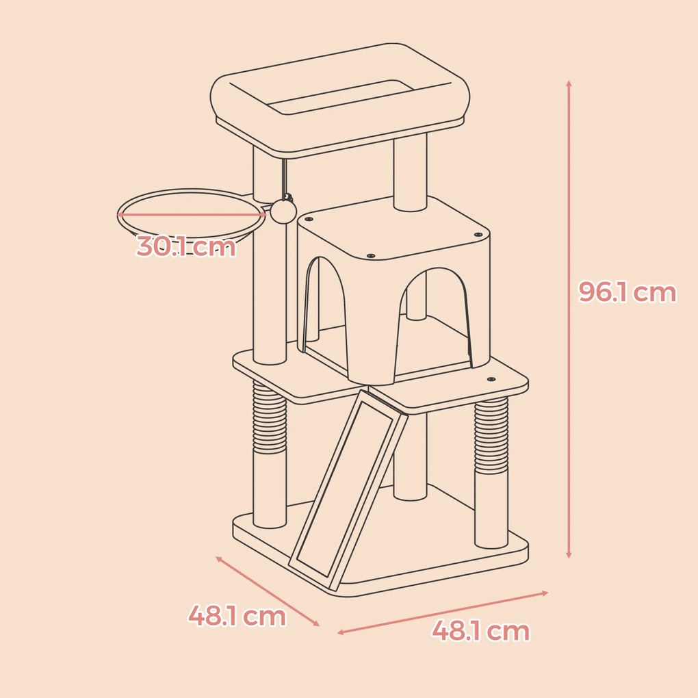 Arranhador para gatos com grande plataforma com caverna e cesto suspenso 48,1 x 48,1 x 96,1 cm branco
