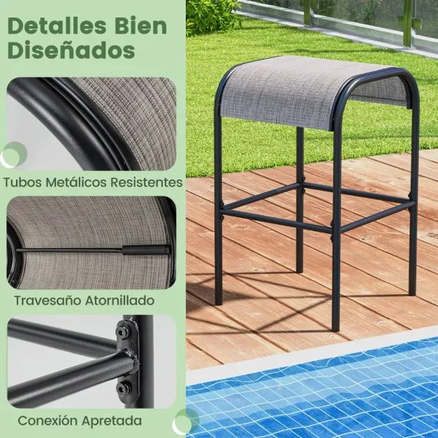 Conjunto de 2 bancos de bar em metal com 76 cm de altura e assento de tecido curvo sem encosto para pátio exterior, varanda e piscina Castanho + Preto