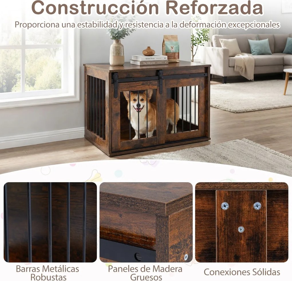 Gaiola para cães com porta de correr 80 x 54 x 57 cm, estilo celeiro, Estrutura metálica com acabamento em madeira, para cães de pequeno e médio porte