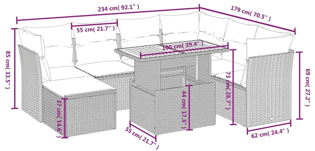 8 pcs conjunto sofás de jardim com almofadões vime PE preto