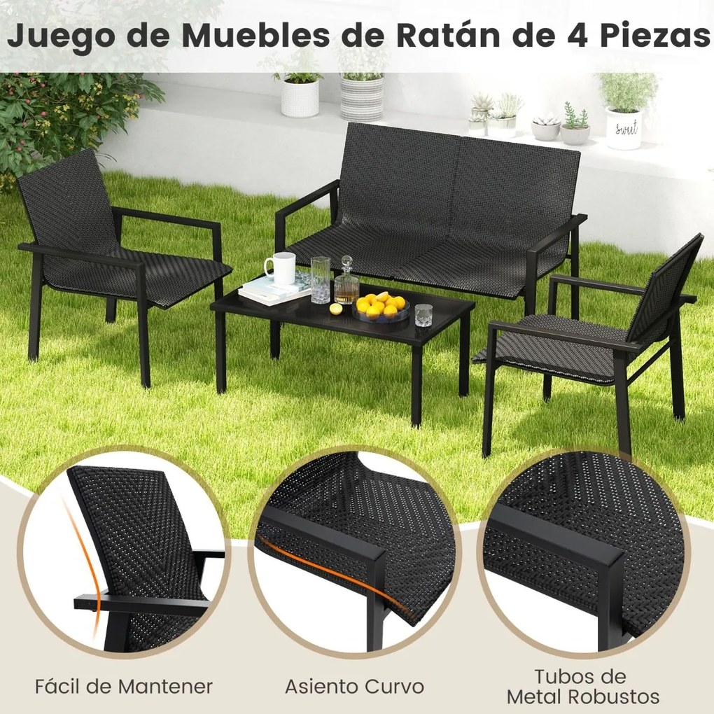 Conjunto de móveis jardim de 4 peças com estrutura metálica galvanizada robusta em vime Preto