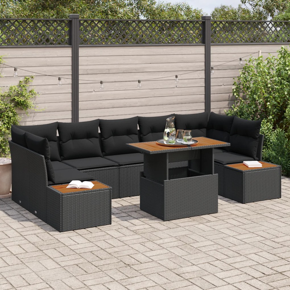 vidaXL Conjunto de Jantar de Jardim de 8 Peças com Almofadas Preto Rattan Poliéster Acácia