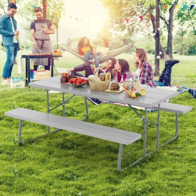 Mesa de piquenique dobrável 183 cm para 8 pessoas com 2 bancos Estrutura metálica Guarda-sol Orifício Mesa de jardim PEAD Cinzento