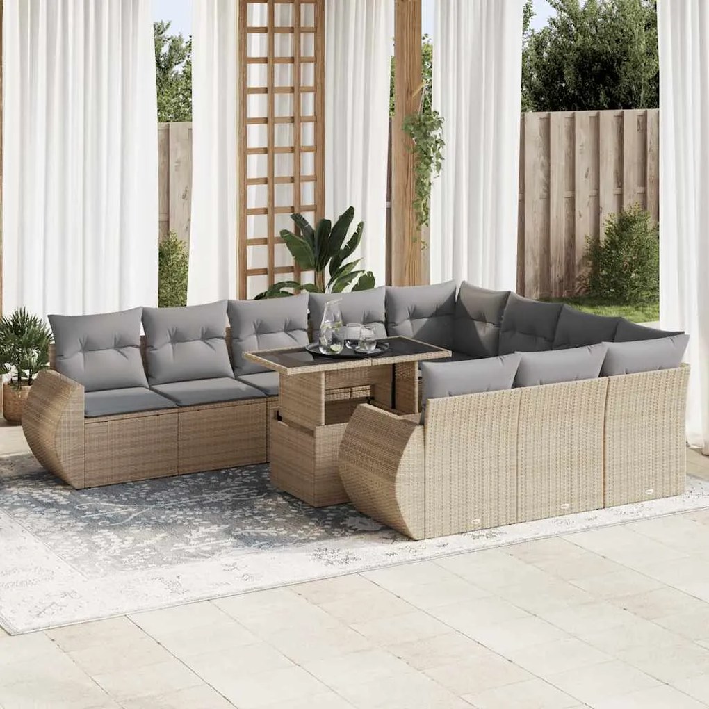 vidaXL 11 pcs conjunto sofás de jardim c/ almofadões vime PE bege