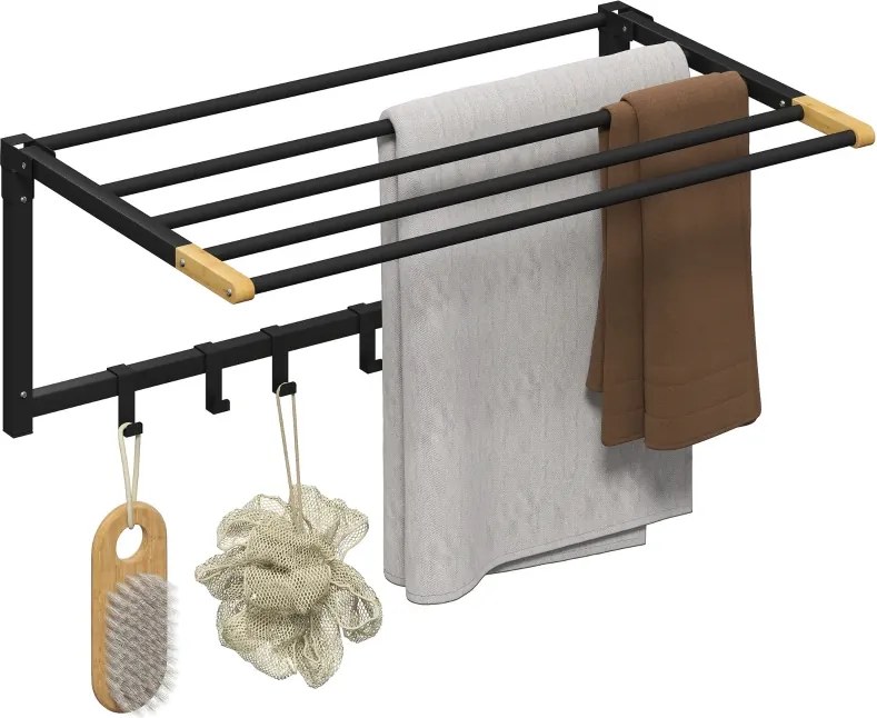 Toalheiro de Parede 60x32,5x20 cm Dobrável com 5 Barras e 6 Ganchos Suporte para Toalhas para Casa de Banho Dobrável e Compacto Preto