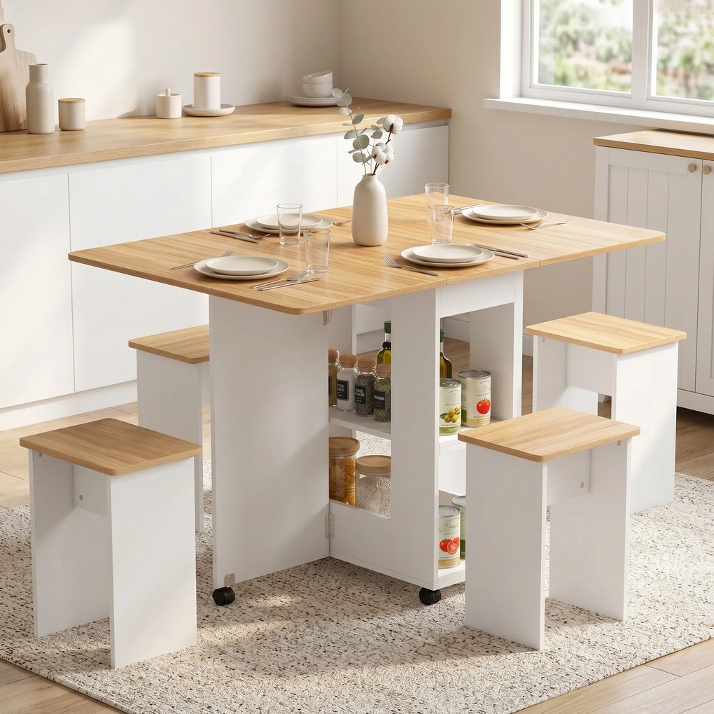 Conjunto de Mesa de Jantar Dobrável com 4 Bancos Ocultos, 2 Abas Rebatíveis, Rodas e Prateleiras, cor Carvalho