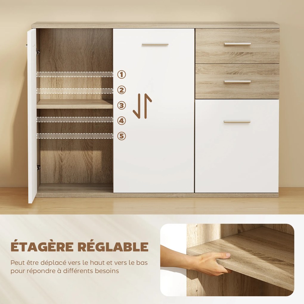 Aparador de sala, móvel de arrumação com 2 gavetas, 3 portas e prateleira ajustável, 106 x 35 x 76 cm, branco e madeira natural