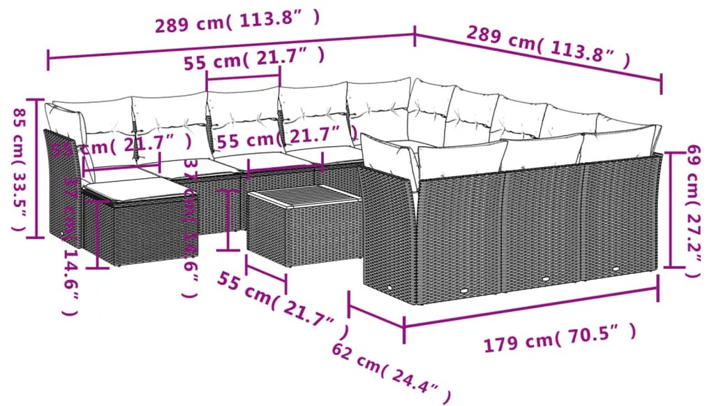 13 pcs conj. sofás jardim c/ almofadões vime PE bege misturado