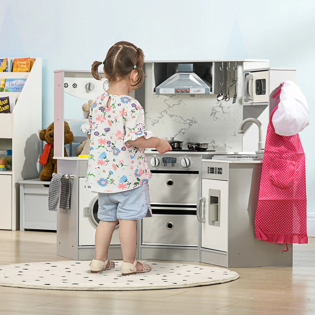 Cozinha infantil de madeira 111 x 49 x 85 cm com 17 acessórios de plástico (legumes, botões e luzes) e chapéu de cozinheiro, para crianças dos 3 aos 6