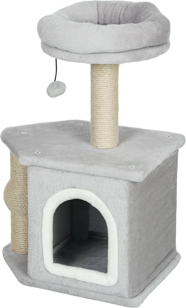 Arranhador para gatos com torre de brinquedos 42 x 30 x 66 cm, com postes para arranhar, cama e casinha para gatos, cinzento claro