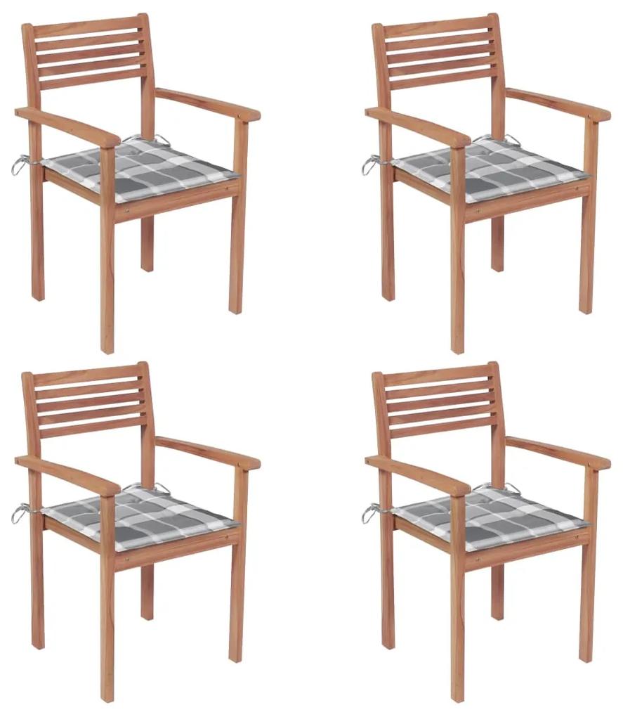 Cadeiras jardim c/ almofadões xadrez cinzento 4 pcs teca maciça