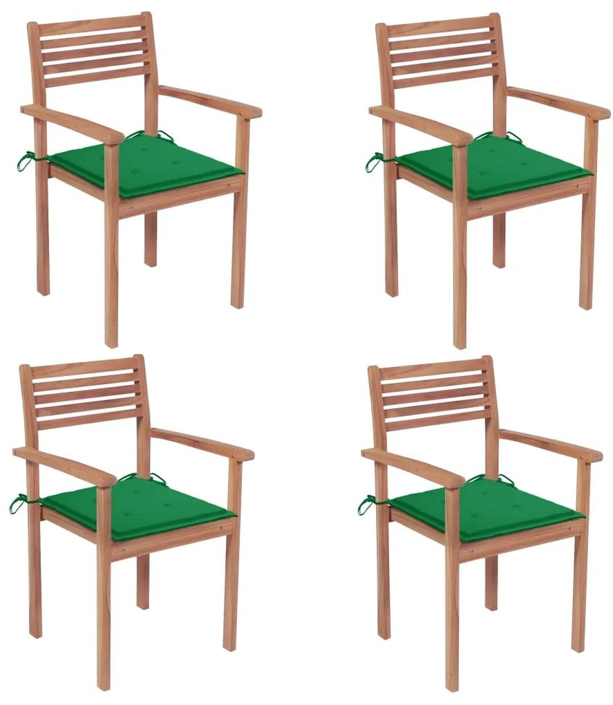 Cadeiras de jardim c/ almofadões verdes 4 pcs teca maciça