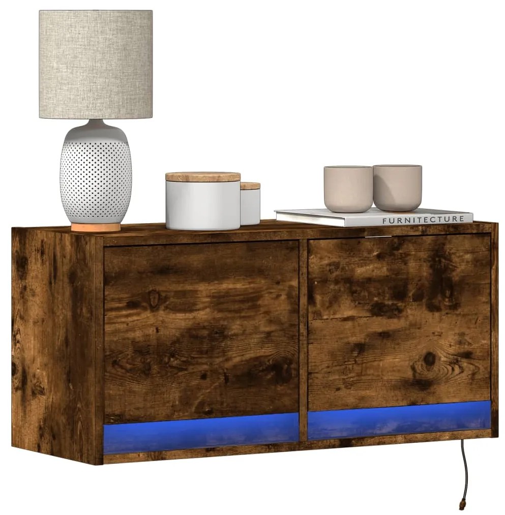 vidaXL Móvel de parede p/ TV c/ luzes LED 80x31x35 cm carvalho fumado