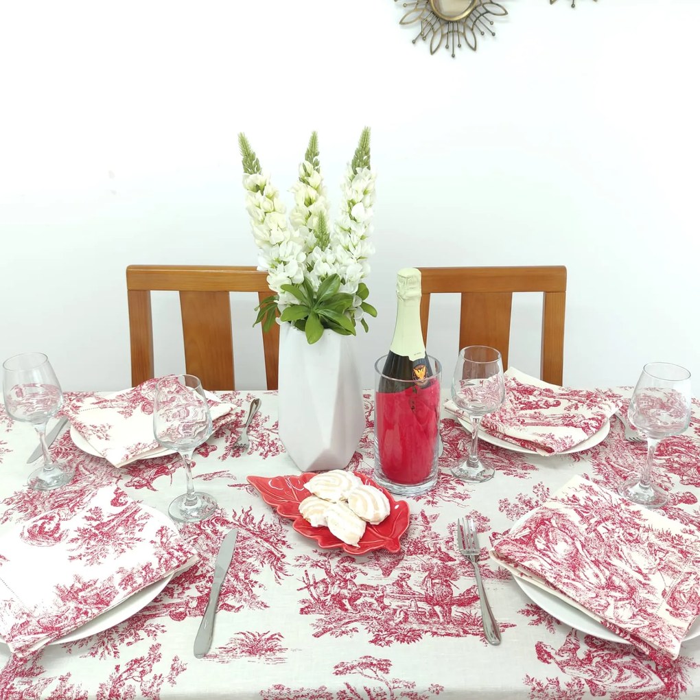 Toalha de Mesa Linho COL Toile de Jouy Red Ponto Aberto