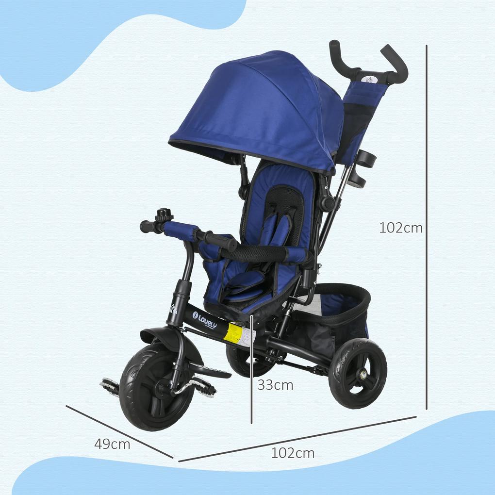 Triciclo para Bebés 2 em 1 de +12 Meses com Capota Dobrável Guiador Telescópico e Removível Bolsa e Porta-garrafas Azul