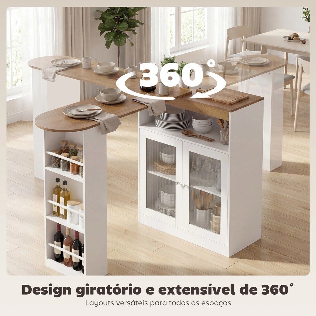 Mesa de Bar Extensível e Rotativa 360° com Prateleiras Abertas e 2 Portas de Vidro 150x80x105,5 cm Branco e Madeira